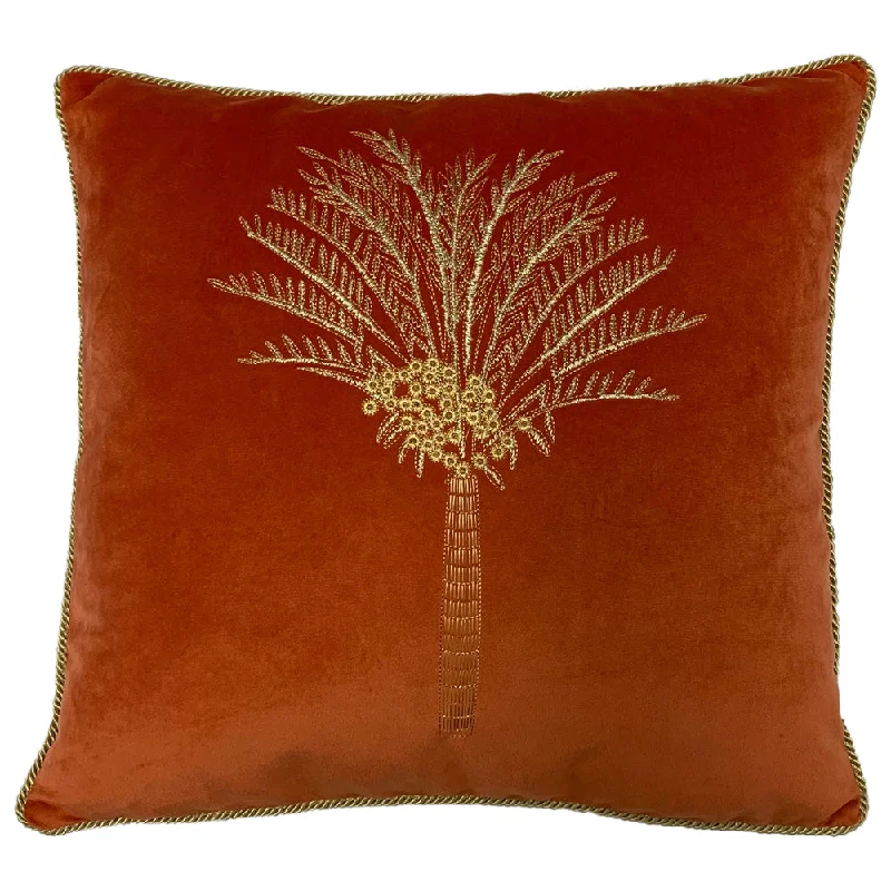 Desert Palm Embroidered Velvet Cushion Coral