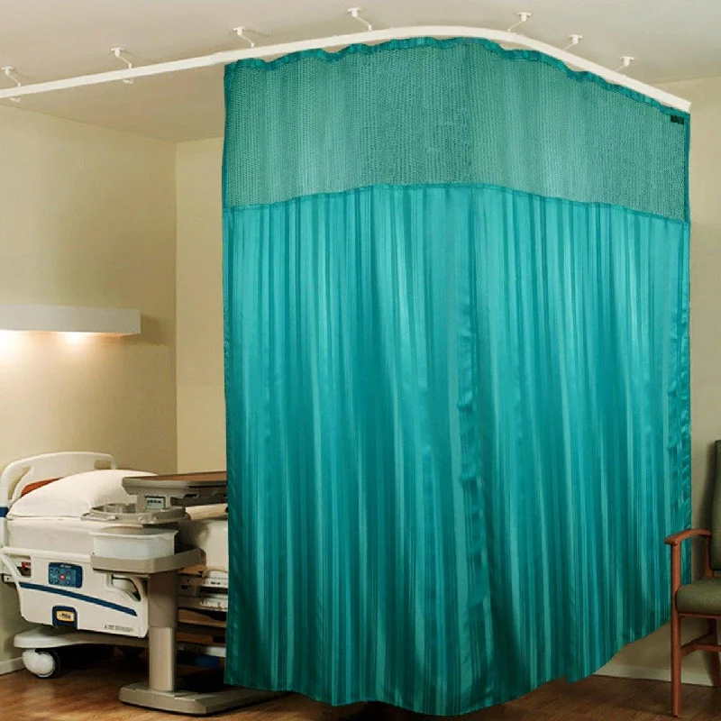 Hospital Partition Curtains, Clinic Curtains Size 12 FT W x 7 ft H, Channel Curtains with Net Fabric, 100% polyester 24 Rustfree Metal Eyelets 24 Plastic Hook, Dark Green, (12x7 FT, Pk of 1)