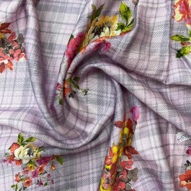 Purple Floral Check Print Viscose Fabric