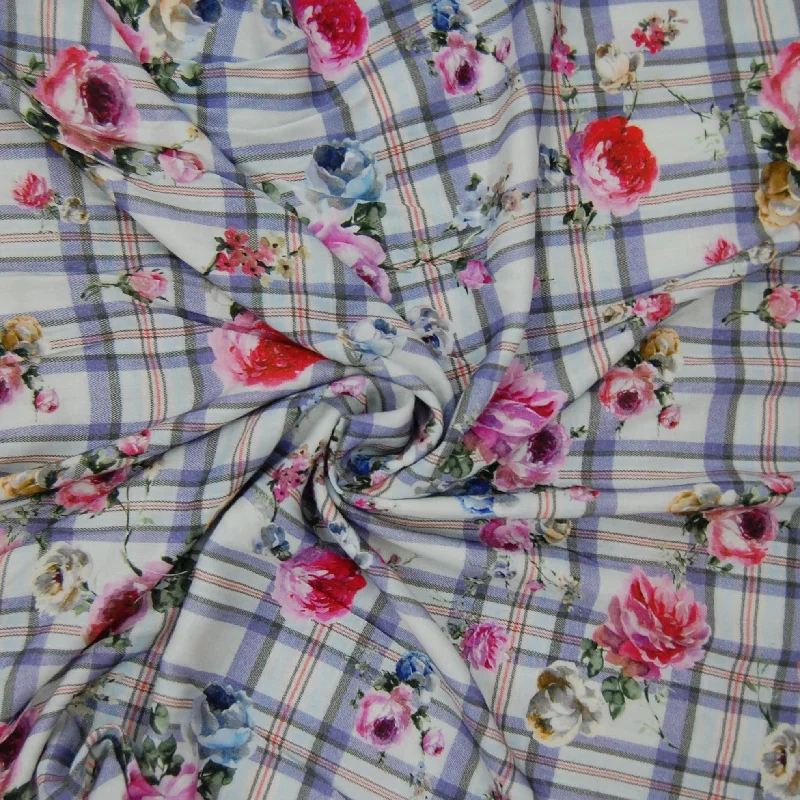 White Floral Check Print Spun Fabric