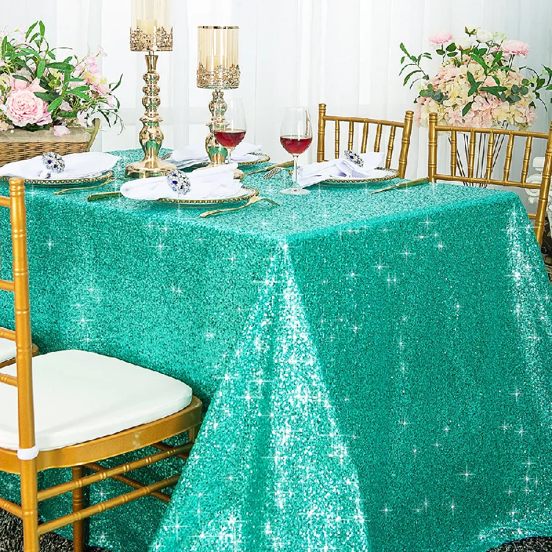 90"x132" Seamless Rectangular Sequin Taffeta Tablecloth - Tiff Blue/Aqua Blue (1pc)