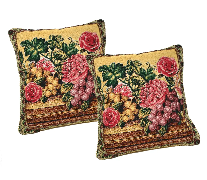 DaDa Bedding Set of 2-Pieces Parade Fruit & Roses Garden Tapestry Throw Pillow Covers w/ Inserts - 18" x 18"