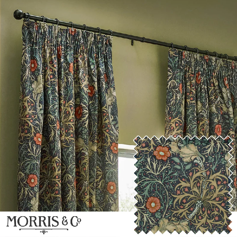 Seaweed Printed Velvet Pencil Pleat Curtains Indigo