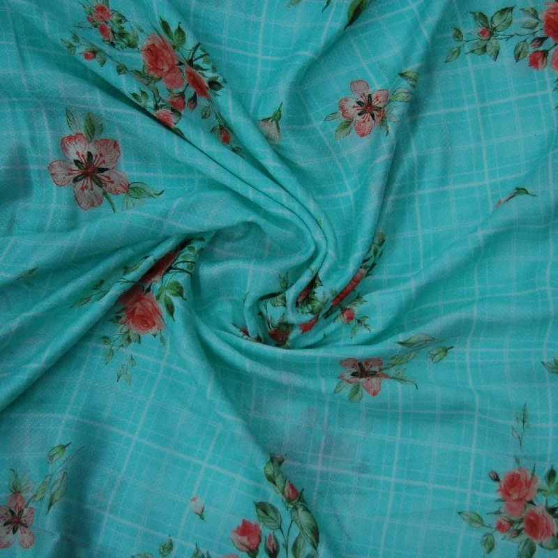 Sea Green Floral Check Viscose Dobby Fabric