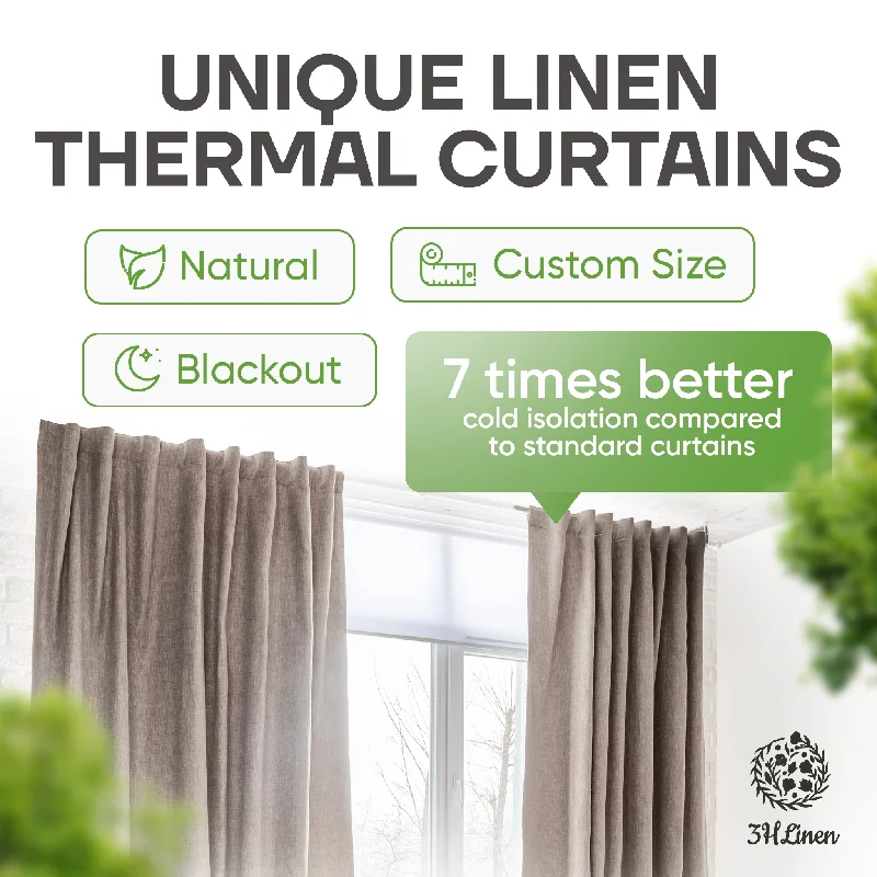 Thermal Insulated Curtains - 100% Blackout - Natural Linen Curtains for Winter Cold and Summer Heat Blocking - With Back Tabs, Rod Pocket, or Ceiling Track Heading