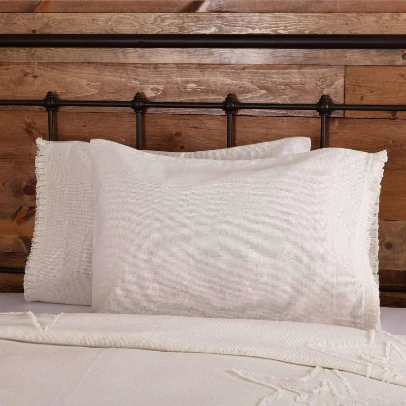 Burlap Antique White Standard Pillow Case w/ Fringed Ruffle Set of 2 21x30 VHC Brands