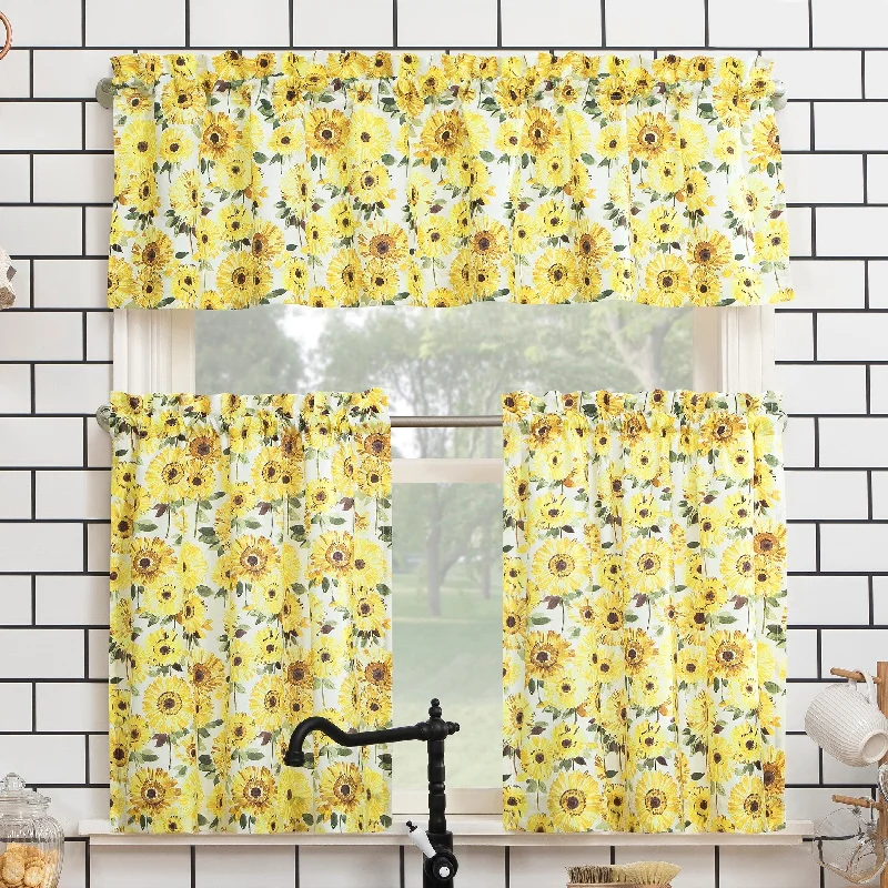 No. 918 Sunny Sunflower Print Semi-Sheer Rod Pocket Kitchen Curtain Valance and Tiers Set