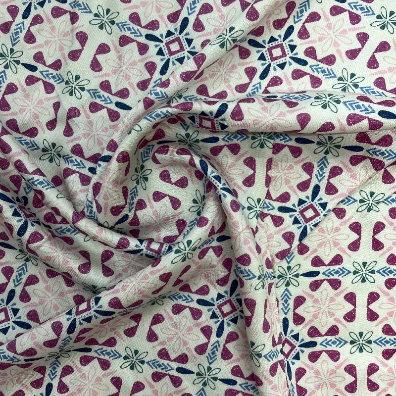 White & Pink Geometrical Print Viscose Fabric