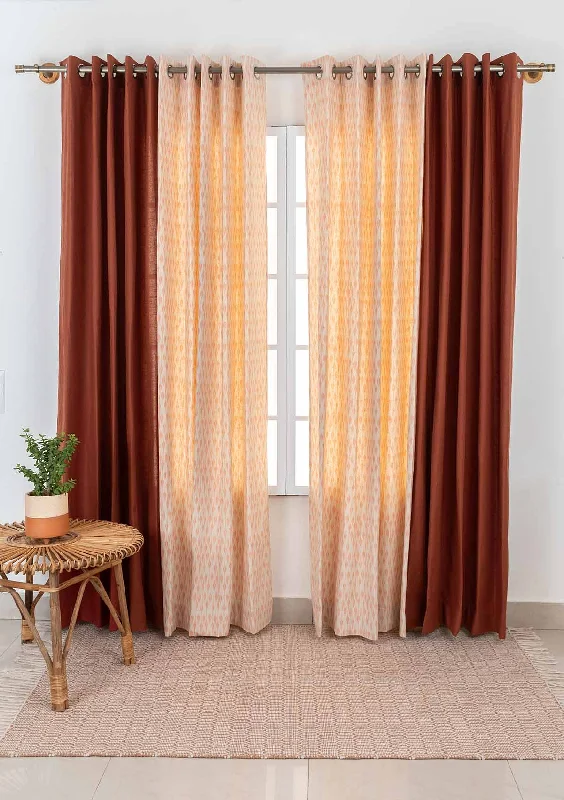 Chenab with Solid Brick Red 100% Cotton Curtain - Set Of 4  - Red and Beige