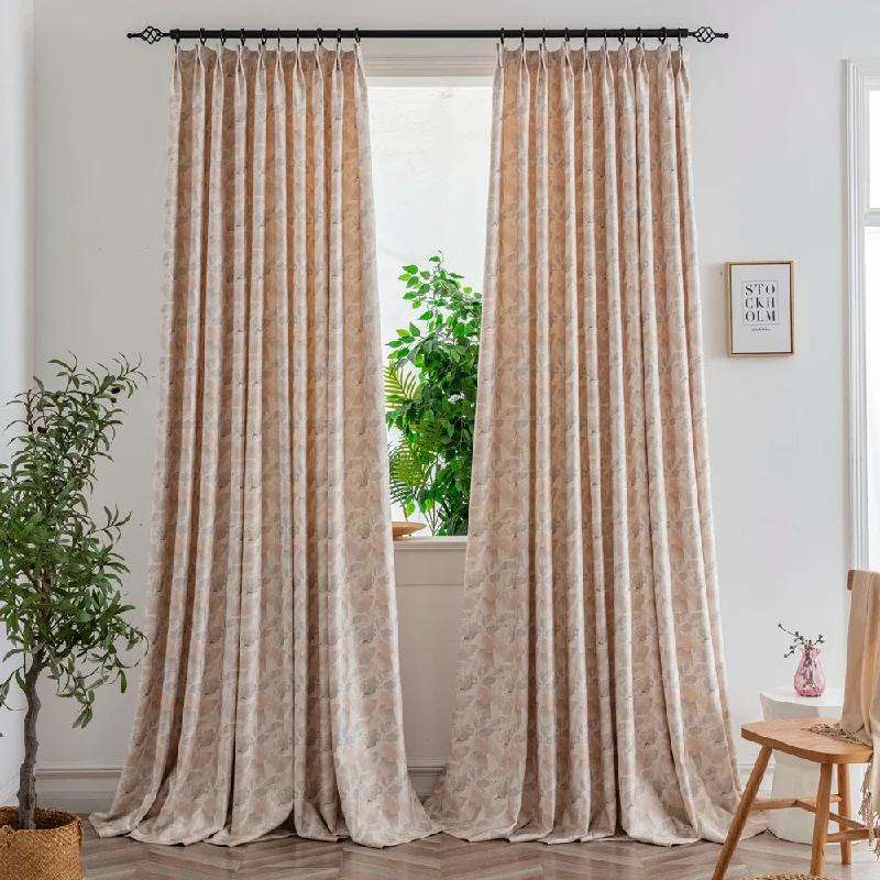 Olivia Beige Leaf Patterned Custom Curtains