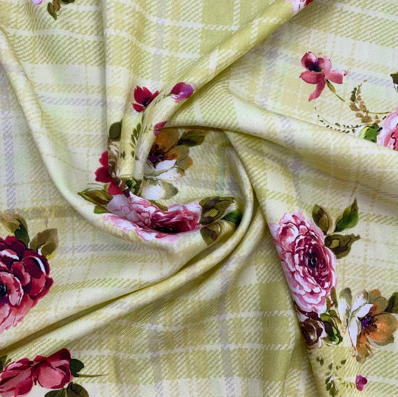 Yellow Check Floral Print Viscose Fabric