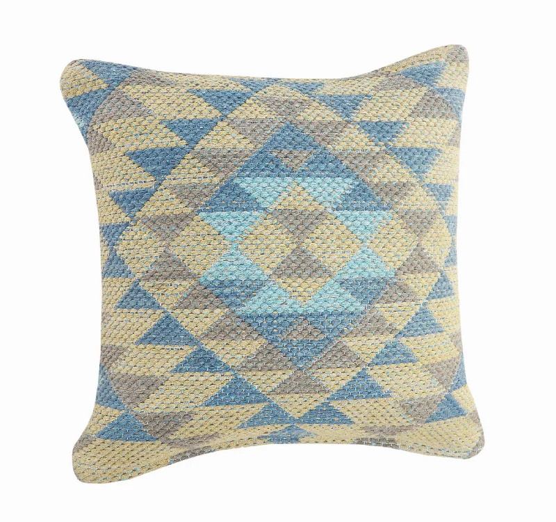 18" X 18" Blue Gray And Beige 100% Cotton Geometric Zippered Pillow