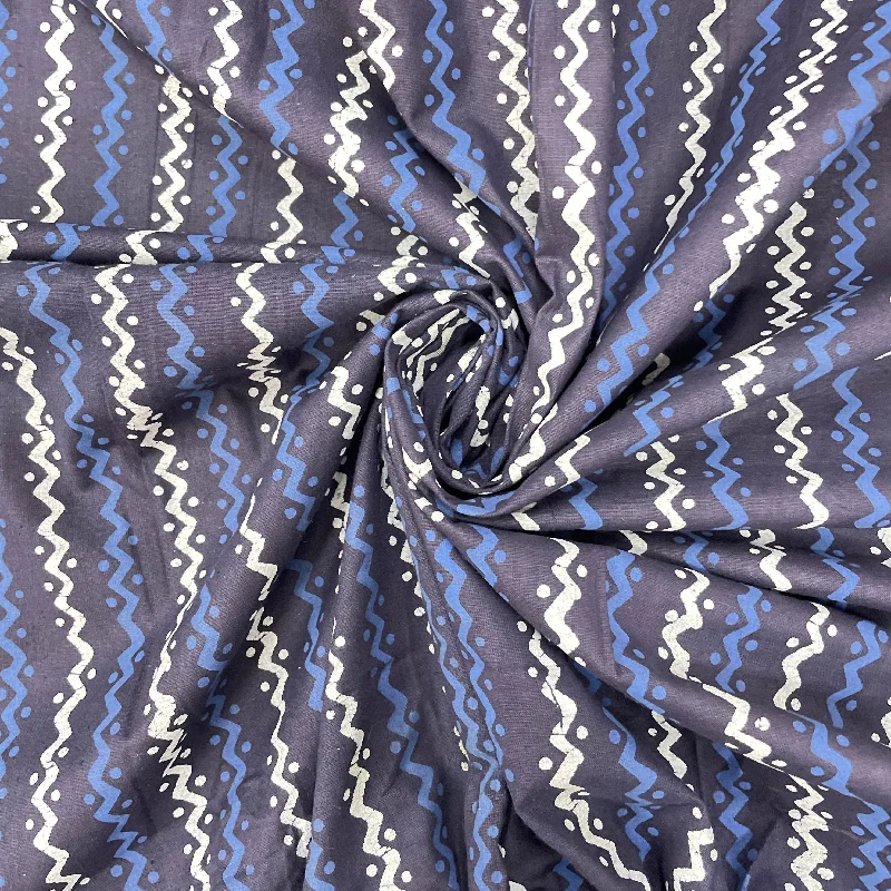 Indigo With White & Blue Stripes Print Poplin Cotton Fabric